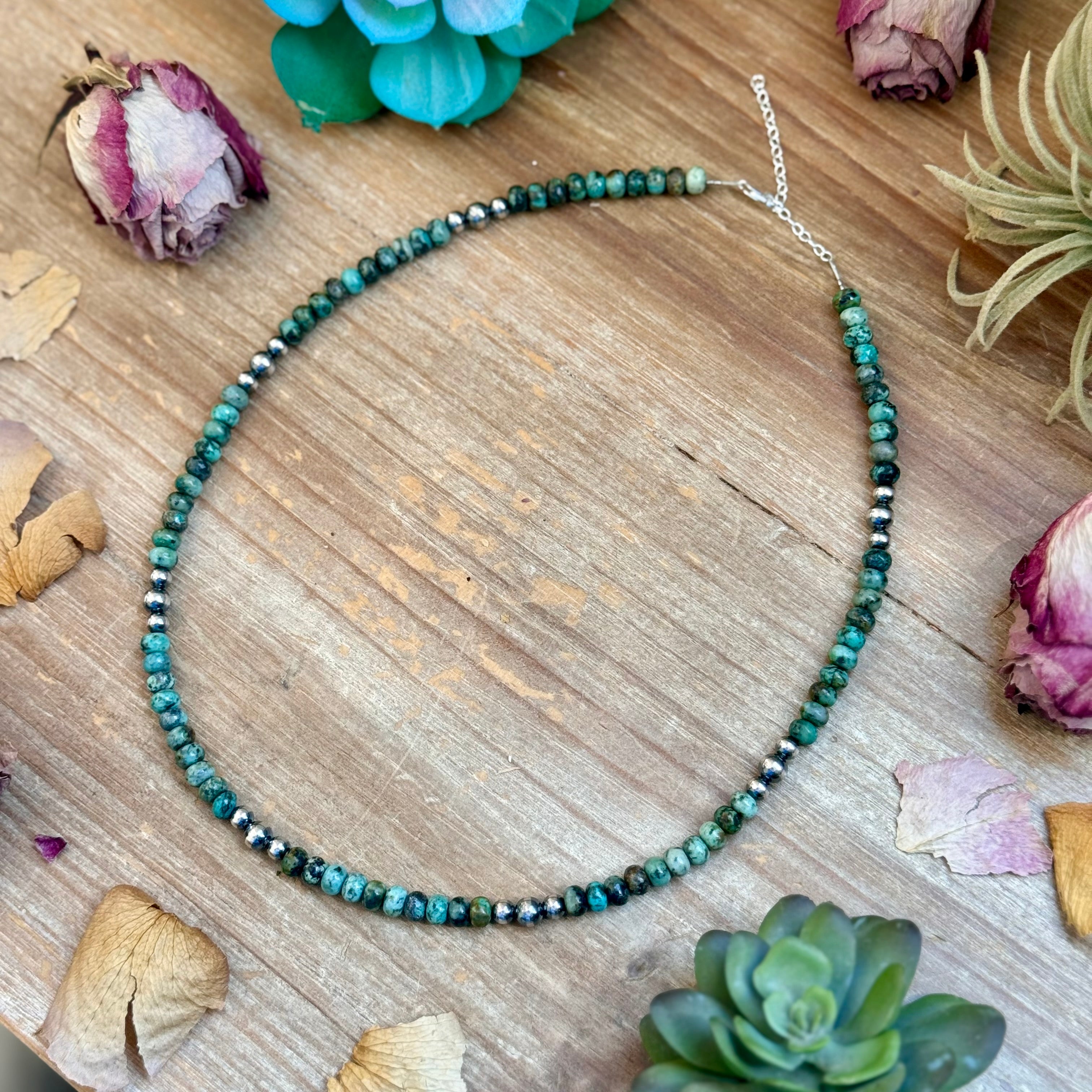 African Turquoise & Sterling Pearl Necklace 19”