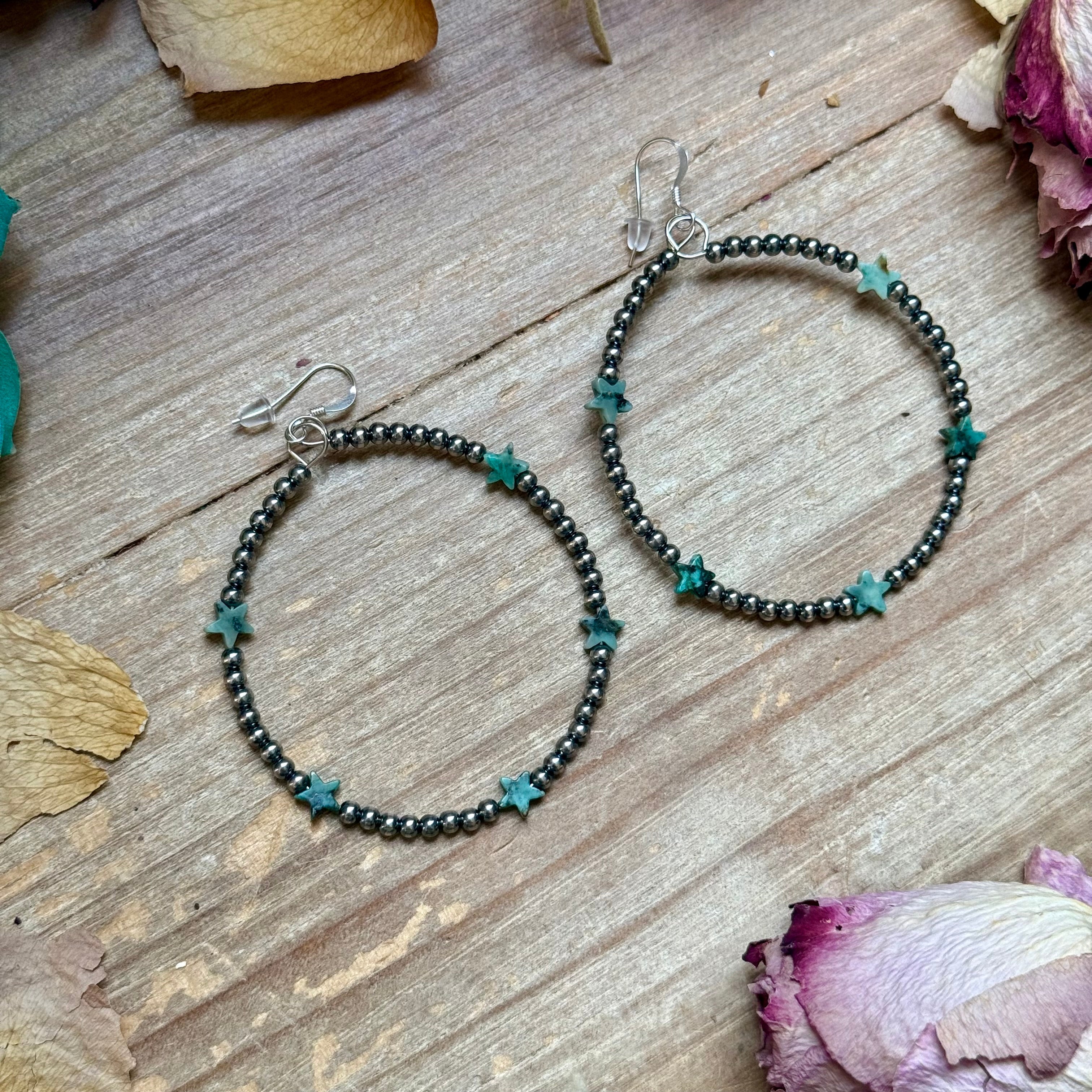 African Turquoise Star Hoop Earrings – 3mm Sterling Silver