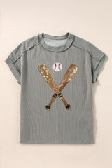 Sequin Baseball Round Neck Short Sleeve T-Shirt