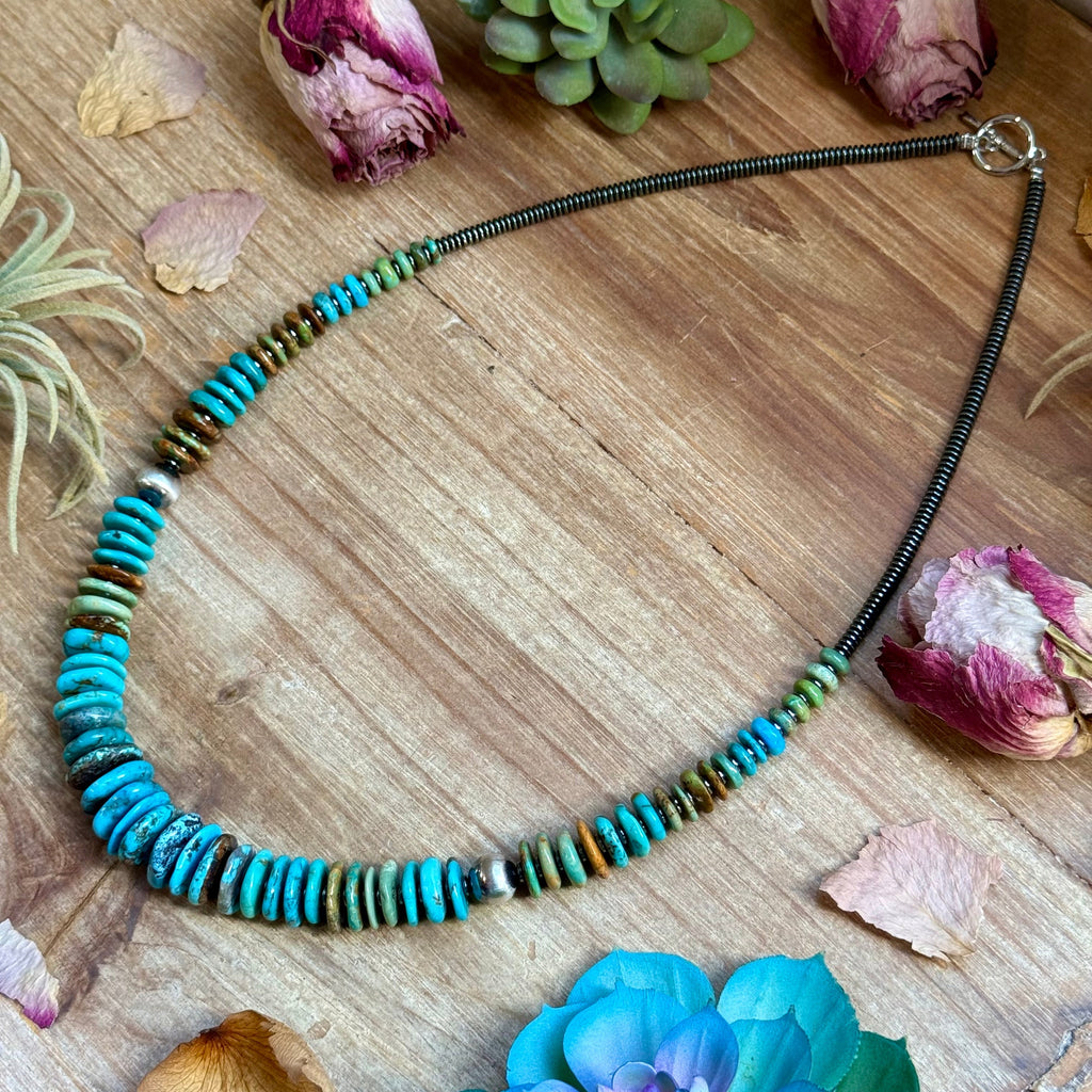 Tri Color Turquoise Graduated Necklace – Sterling Silver & Hematite -23" | The Bijoux FAB