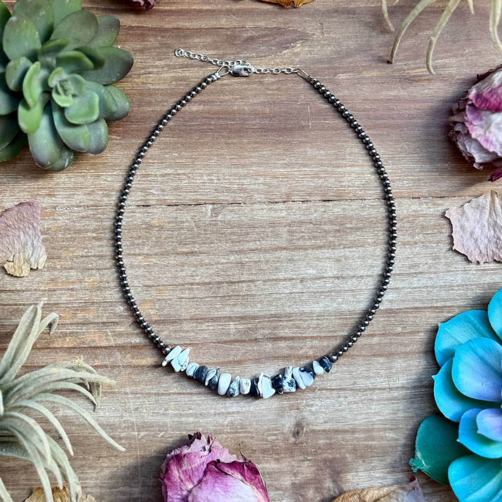 White buffalo stone choker necklace with sterling silver pearls, 14 inch length with extender, handmade western jewelry.