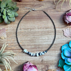 White buffalo stone choker necklace with sterling silver pearls, 14 inch length with extender, handmade western jewelry.