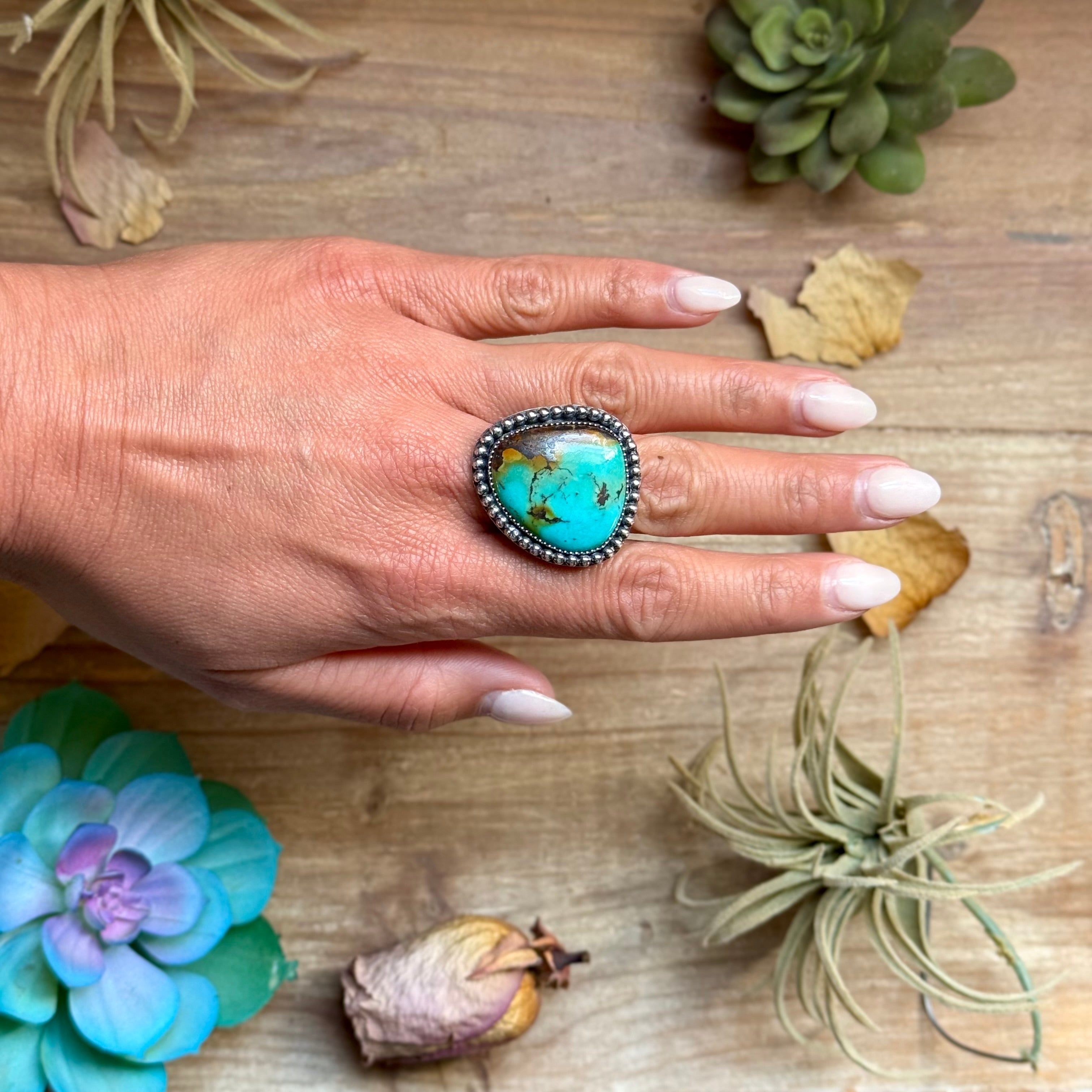 Blue Turquoise Statement Ring – Sterling Silver Adjustable Ring by MJ | The Bijoux FAB