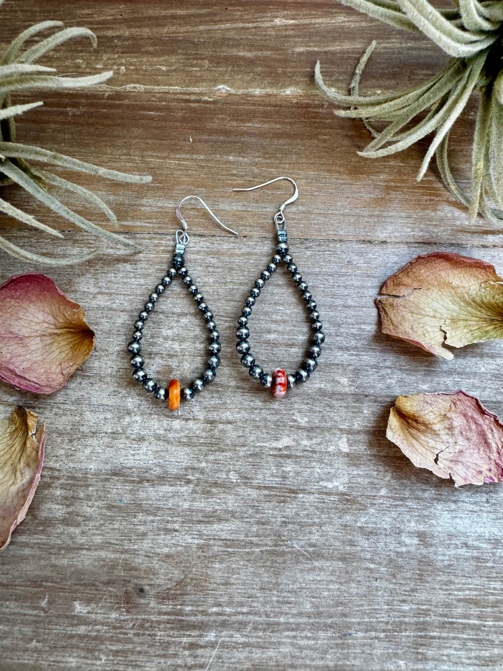 Coral spiny oyster teardrop earrings with sterling silver beads, lightweight Western dangle earrings handmade in the USA