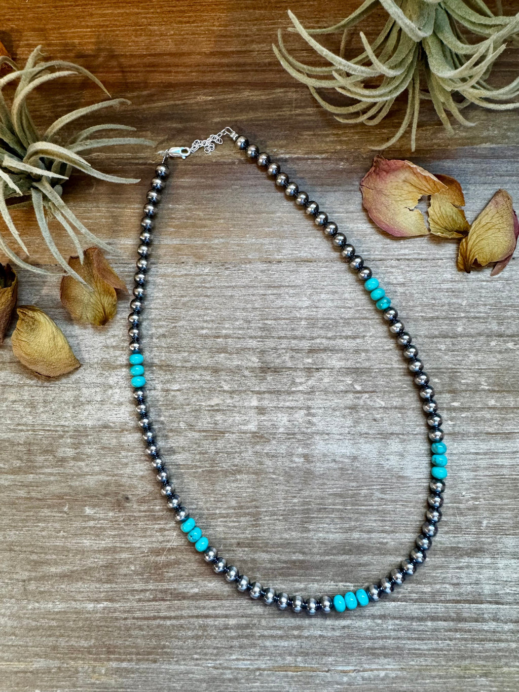 Abaous turquoise rondelle necklace with sterling silver pearls western handmade jewelry by The Bijoux FAB.