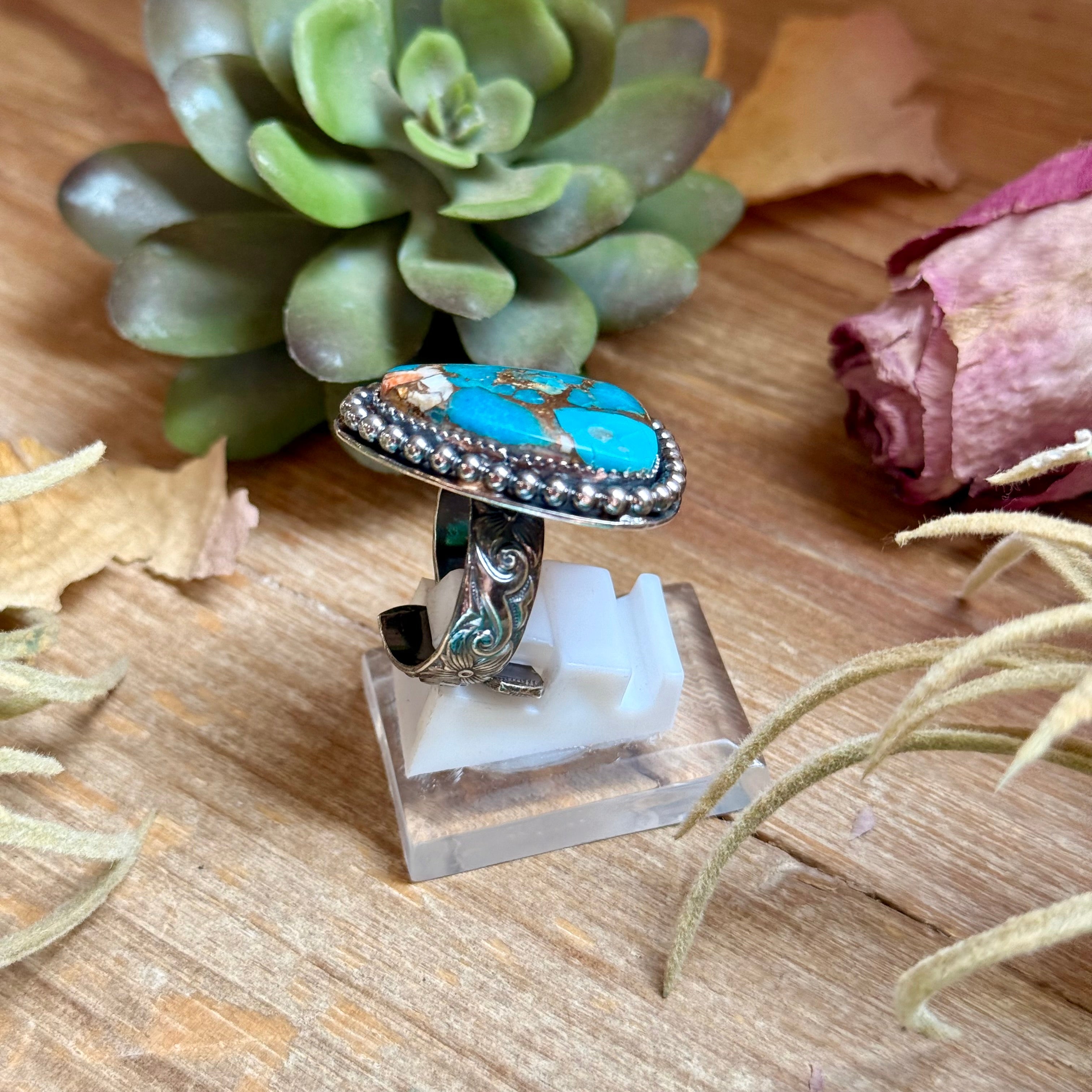 MJ Turquoise Mohave & Spiny Oyster Ring – Sterling Silver Adjustable Band