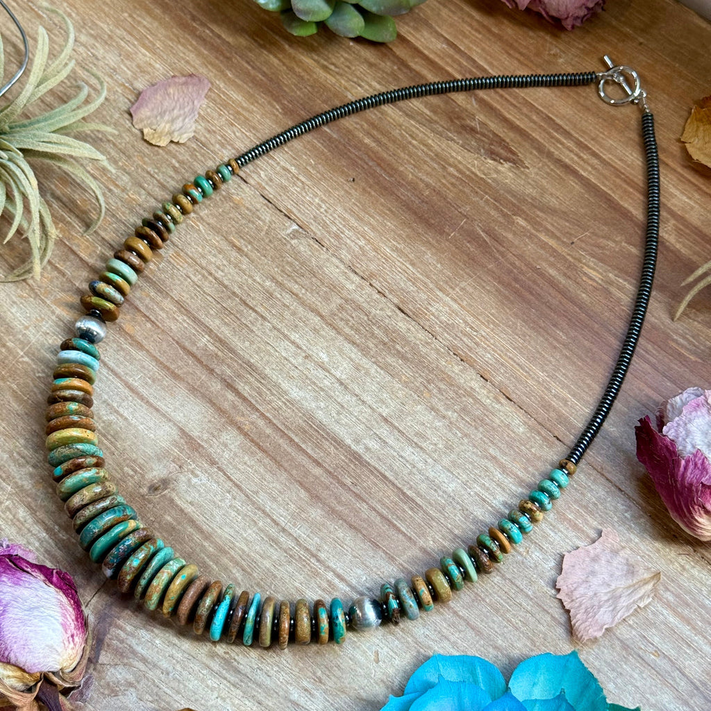 Dark Green Turquoise Graduated Necklace – Sterling Silver & Hematite - 23" | The Bijoux FAB