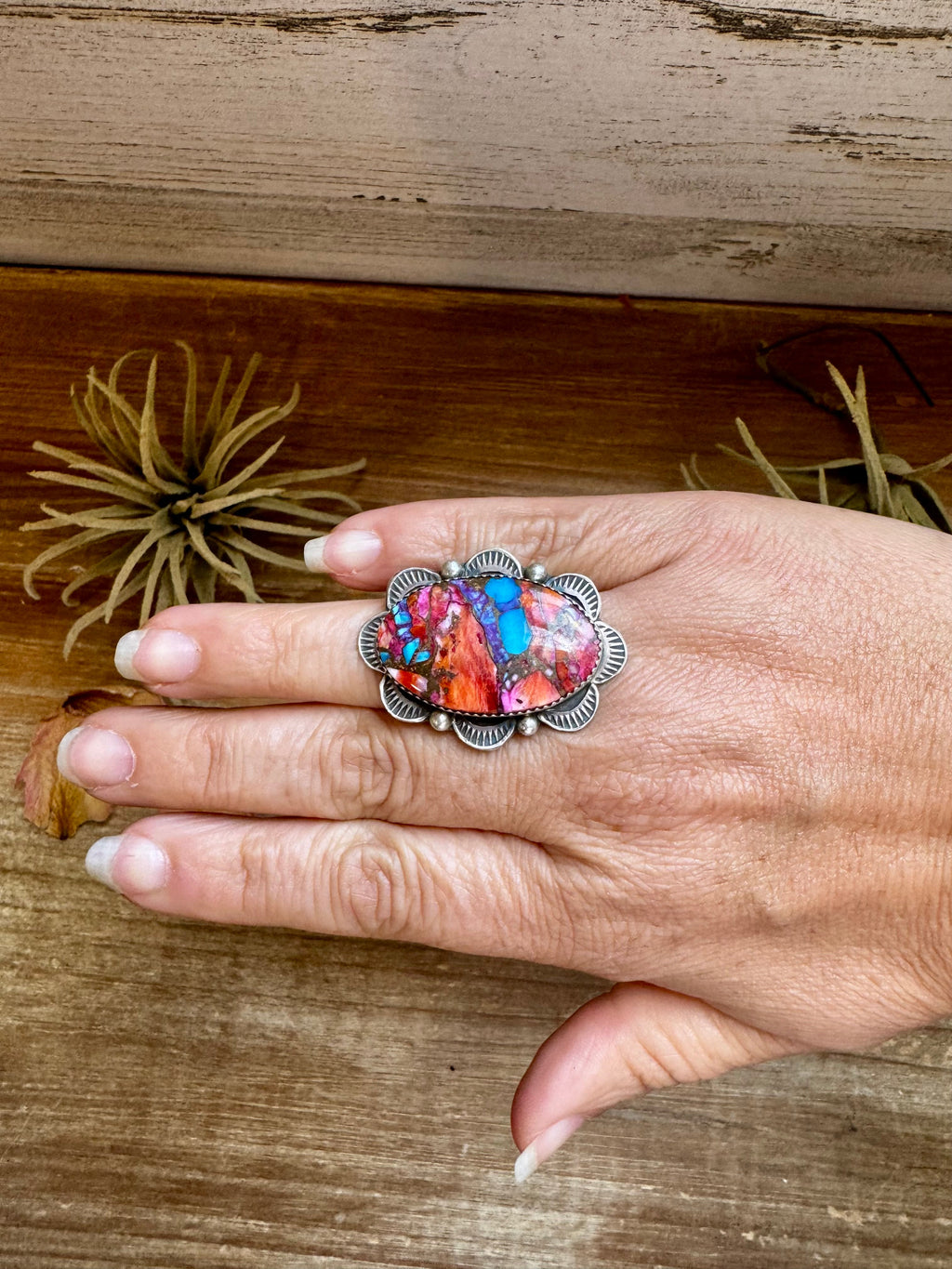 Pink dahlia oval stone ring in sterling silver adjustable band, Navajo handmade by Tia Long, feminine western jewelry