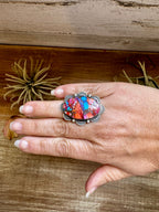 Pink dahlia oval stone ring in sterling silver adjustable band, Navajo handmade by Tia Long, feminine western jewelry