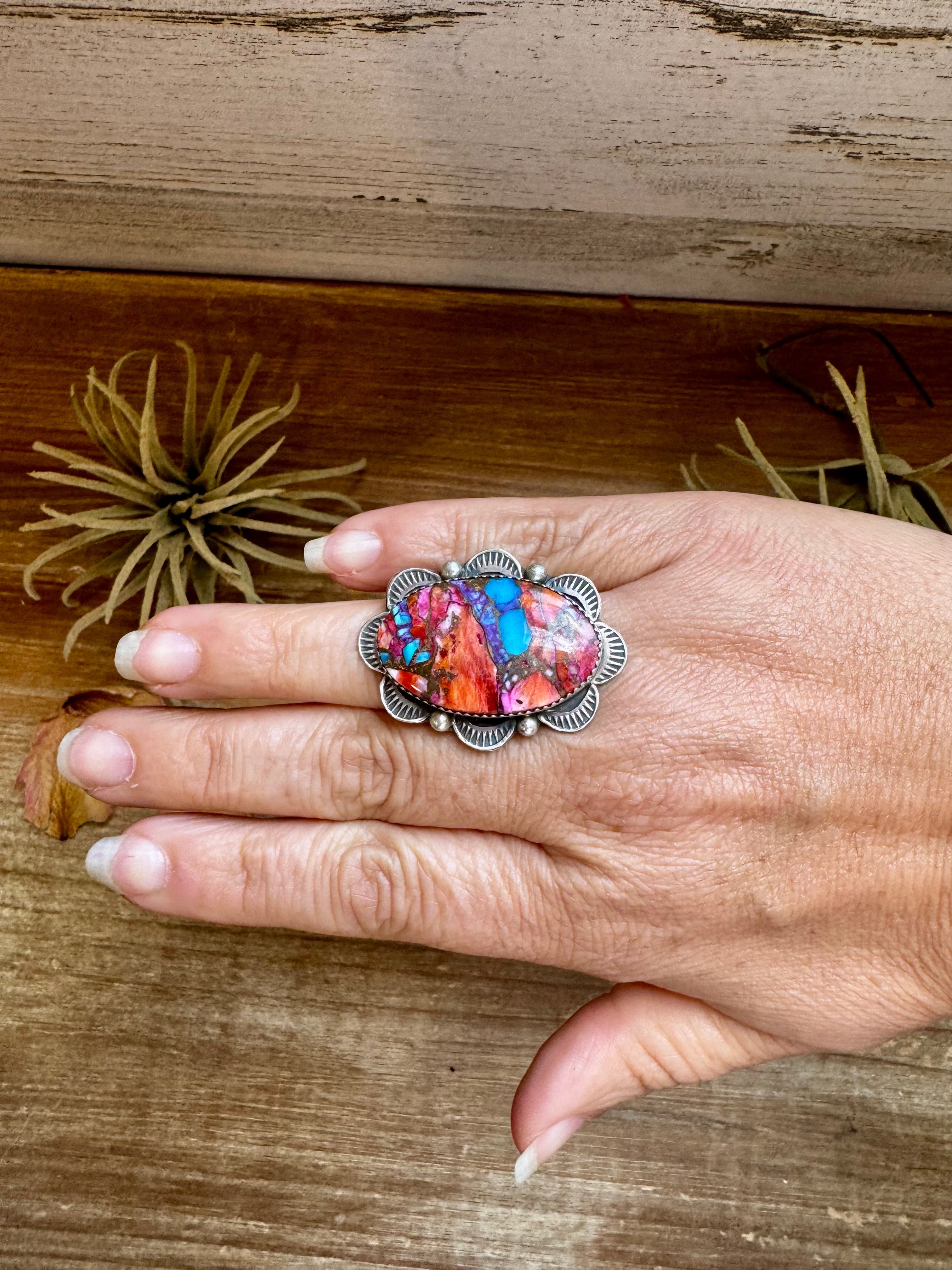 Pink dahlia oval stone ring in sterling silver adjustable band, Navajo handmade by Tia Long, feminine western jewelry