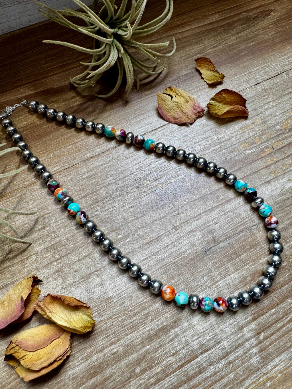 Mohave Turquoise Mix & Sterling Silver Necklace – 8 mm Beads – 19 Inch + Extender