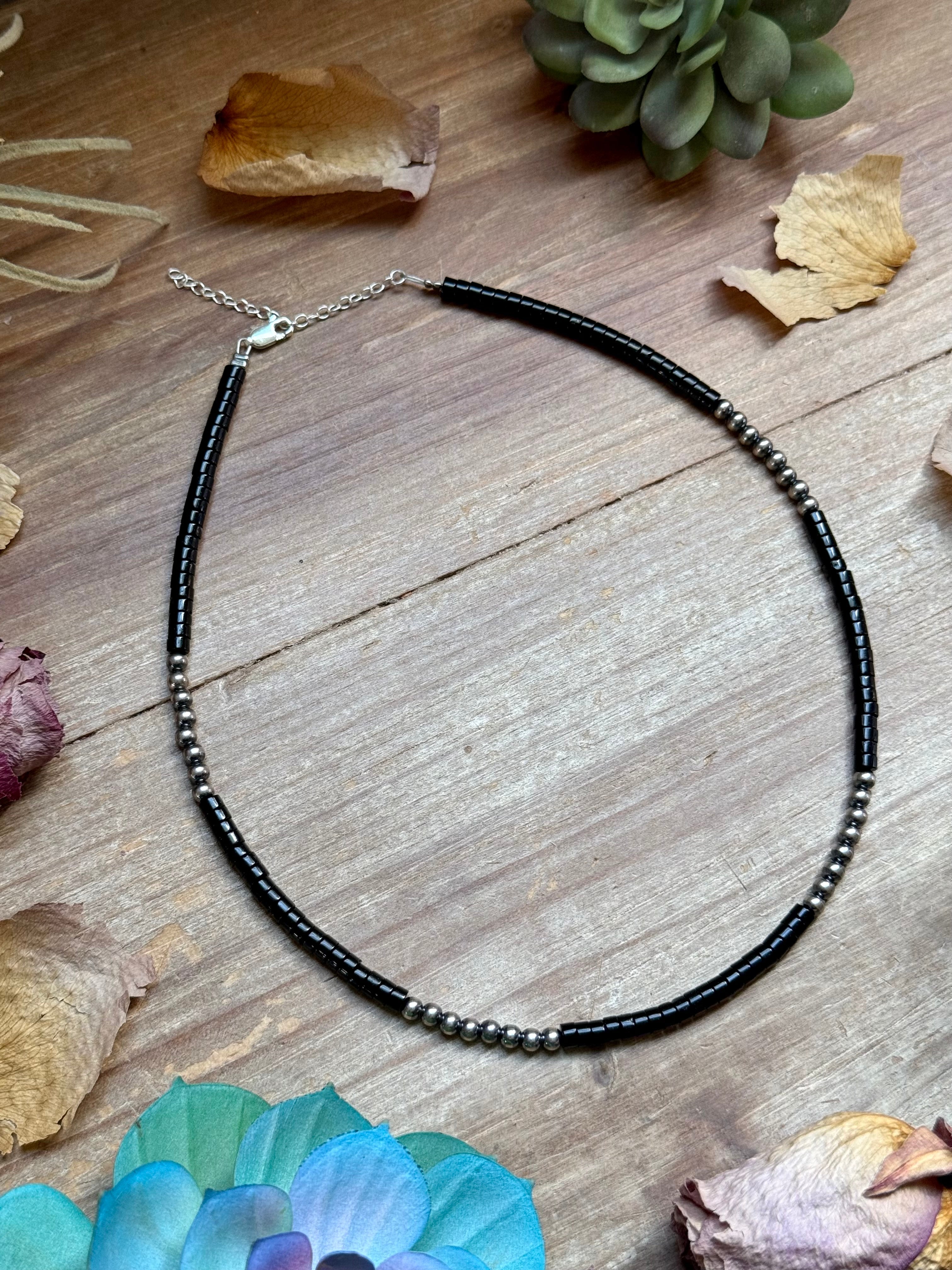 Black Onyx Necklace Sterling Silver Pearls & Heishi Beads - 16" | The Bijoux FAB