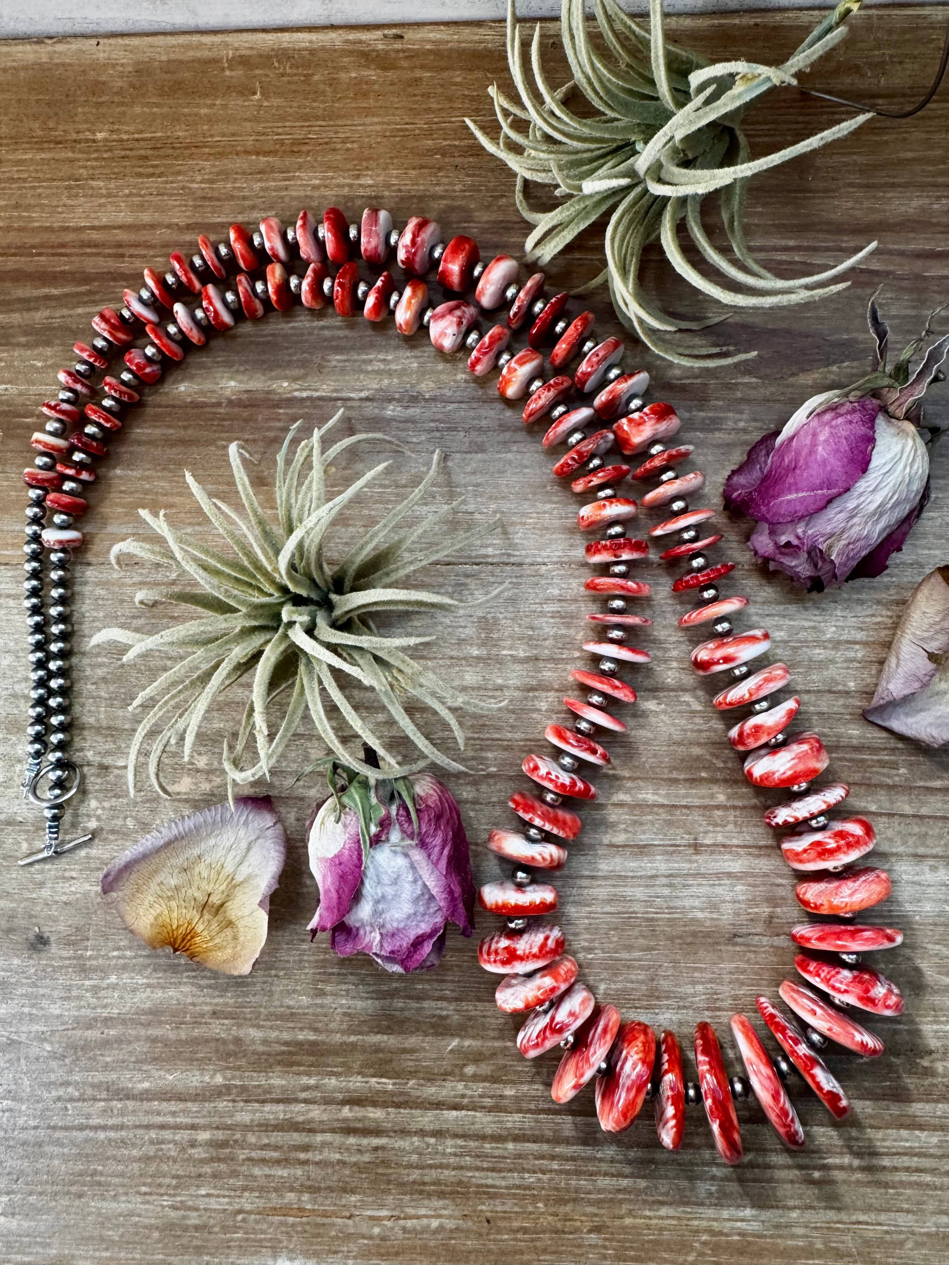 Long spiny oyster necklace with graduated orange coral beads and 5mm sterling silver pearls, 37 inch handmade Western jewelry piece