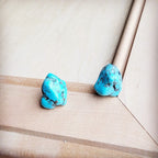 Blue dyed turquoise stud earrings with natural stone shapes, Western boho handmade jewelry piece