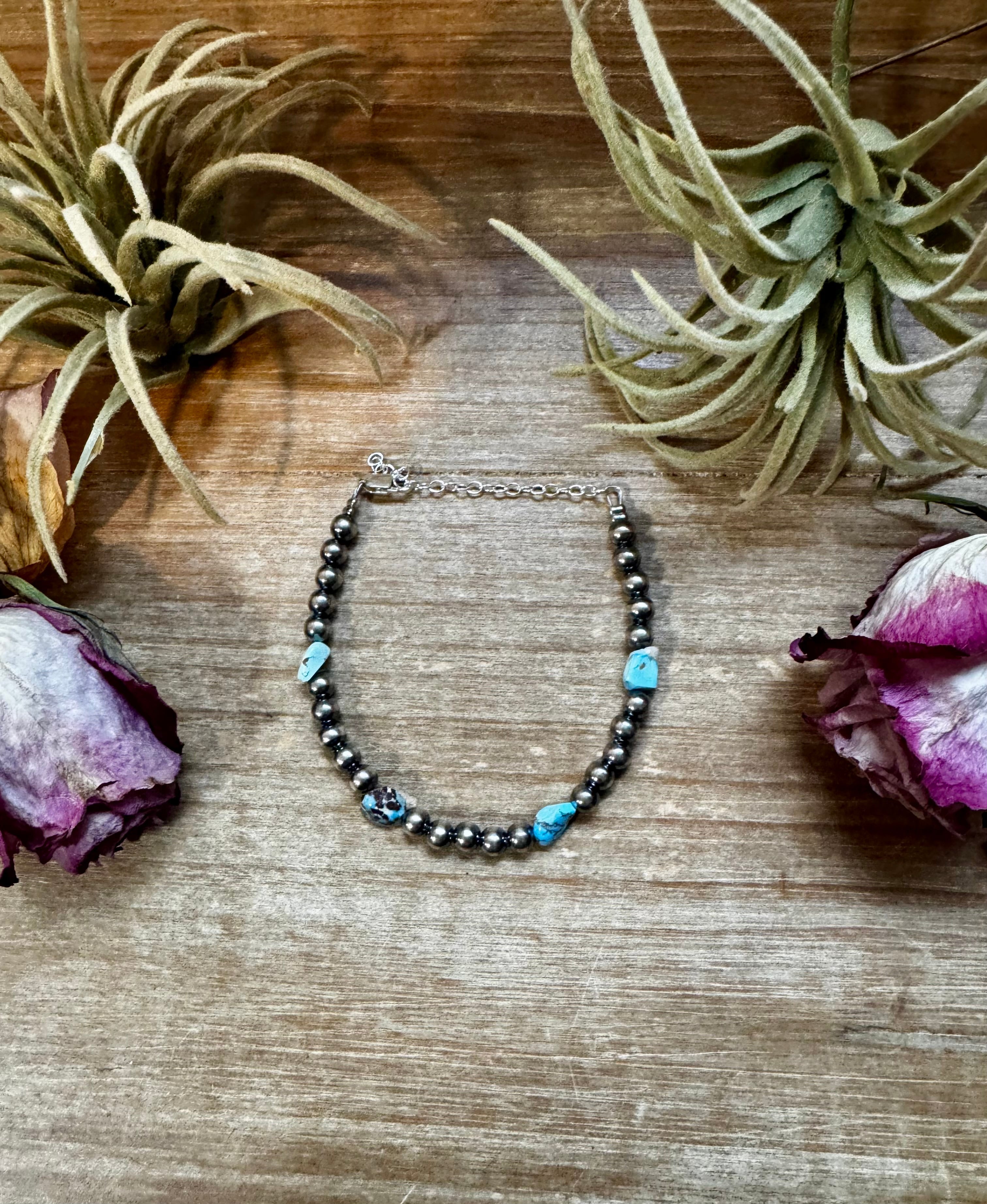 Golden Hill turquoise bracelet with 5mm sterling silver pearls and adjustable extender, rare handmade Western jewelry piece
