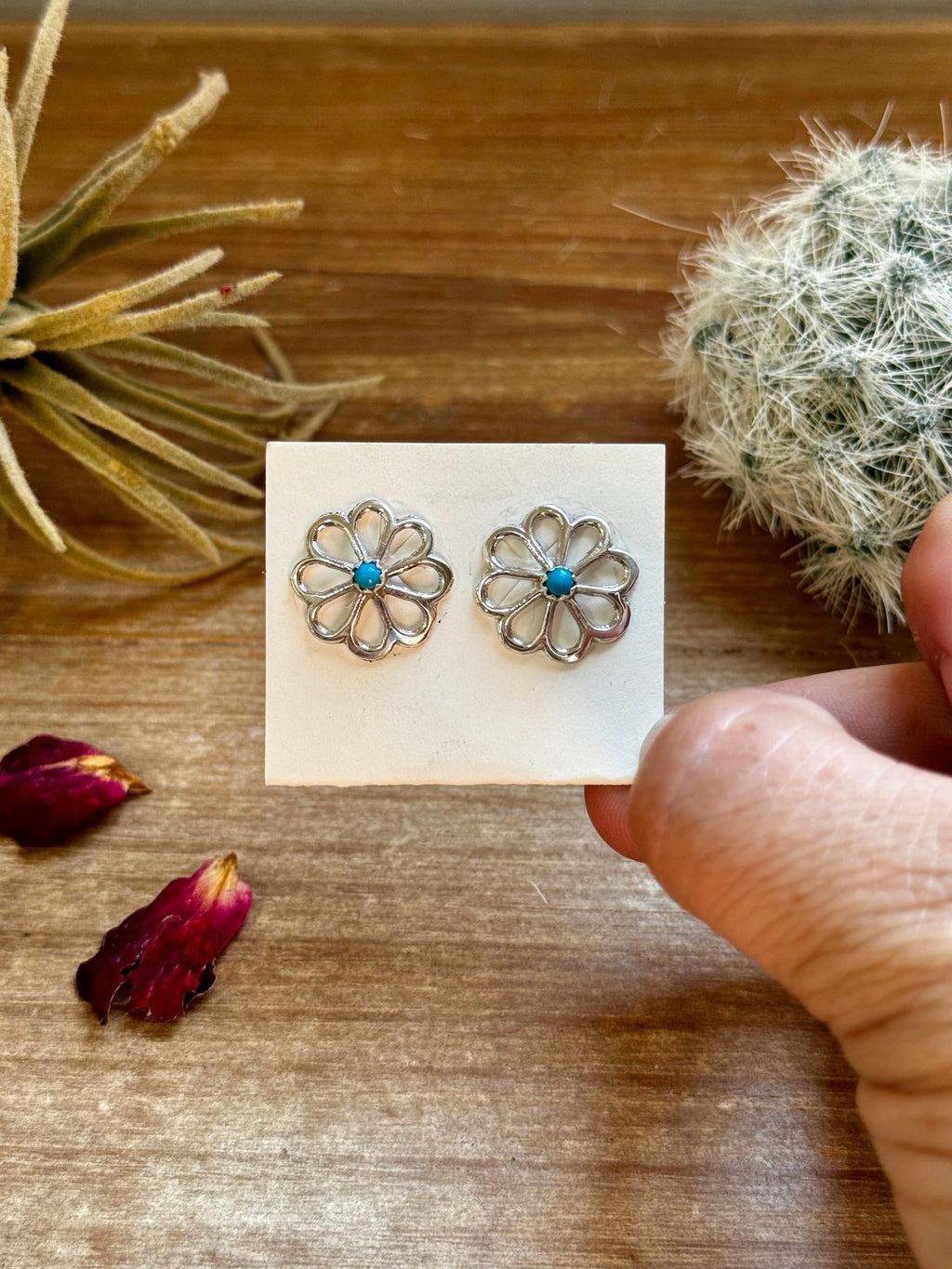 Zuni Turquoise Bloom Sterling Cluster Earrings