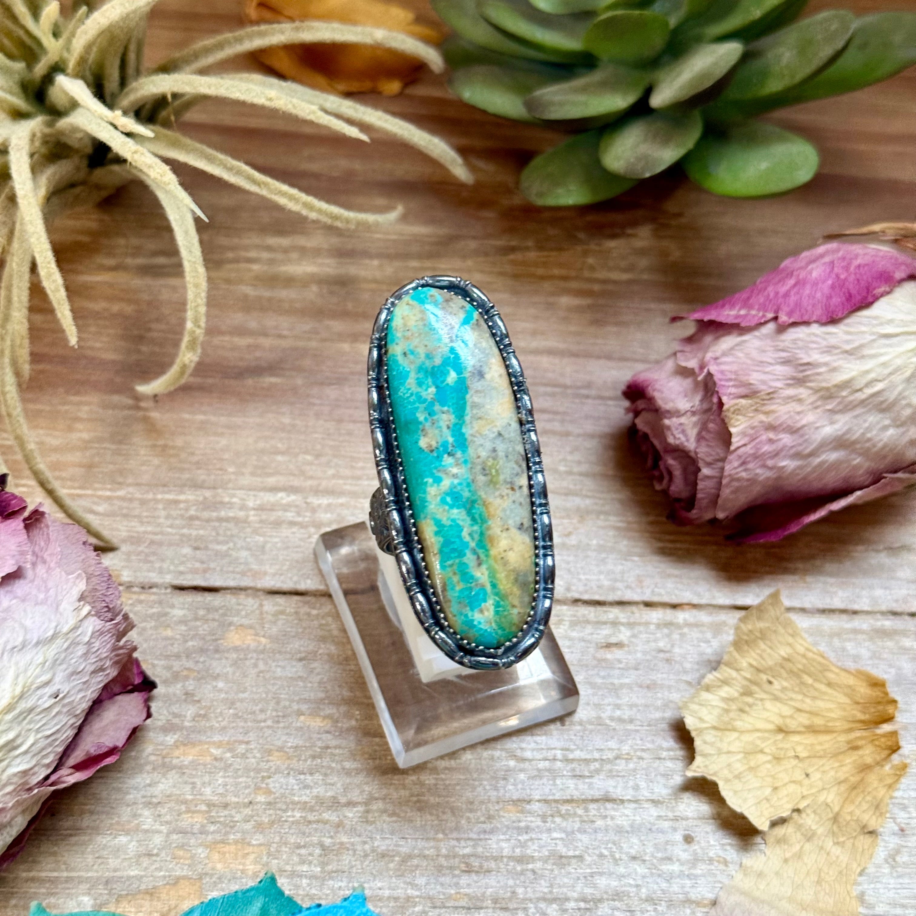 Large handmade turquoise statement ring in sterling silver with adjustable band, Western artisan jewelry by The Bijoux FAB.