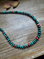 26” Dark Blue Rondelle Turquoise & Spiny Oyster Necklace