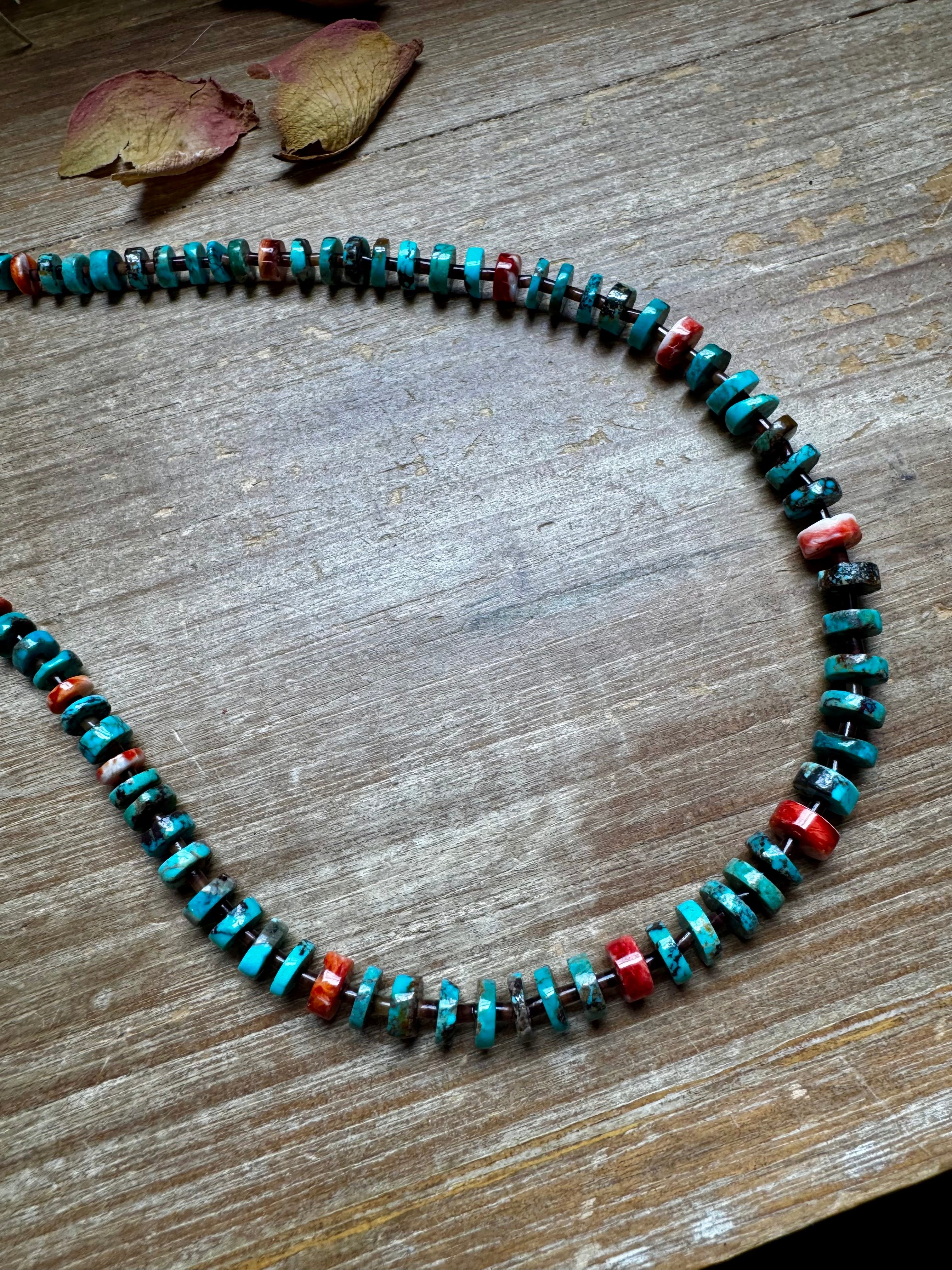 26” Dark Blue Rondelle Turquoise & Spiny Oyster Necklace