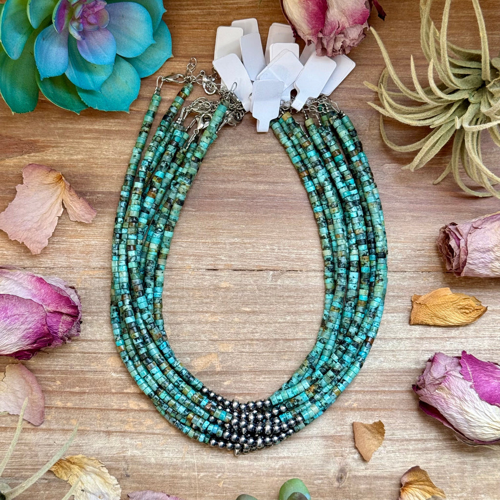 African Turquoise Heishi & Sterling Silver Pearl Choker | The Bijoux FAB