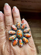 Mojave Spiny Oyster Turquoise Flower Ring – Adjustable Sterling Silver Statement