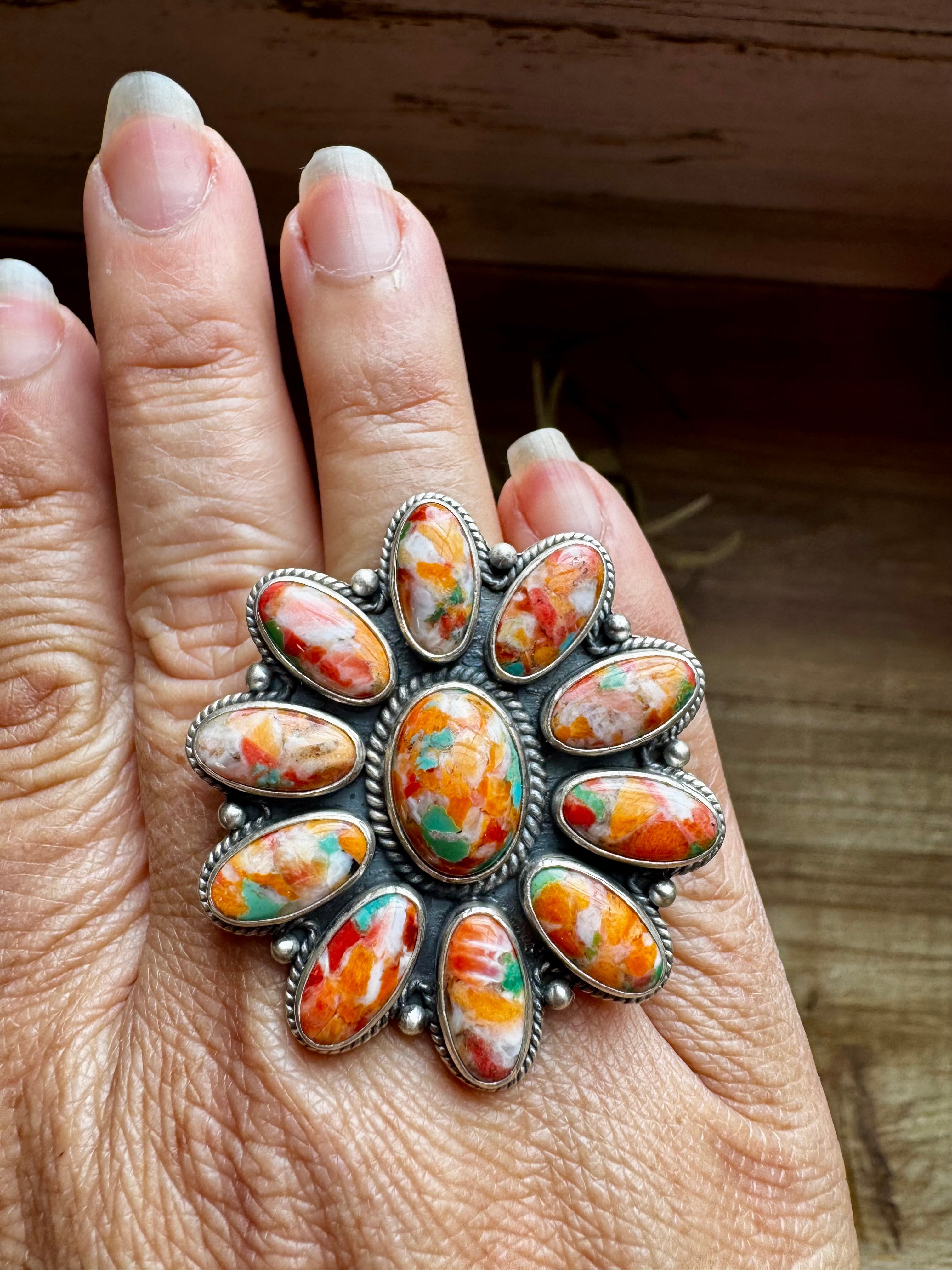 Mojave Spiny Oyster Turquoise Flower Ring – Adjustable Sterling Silver Statement