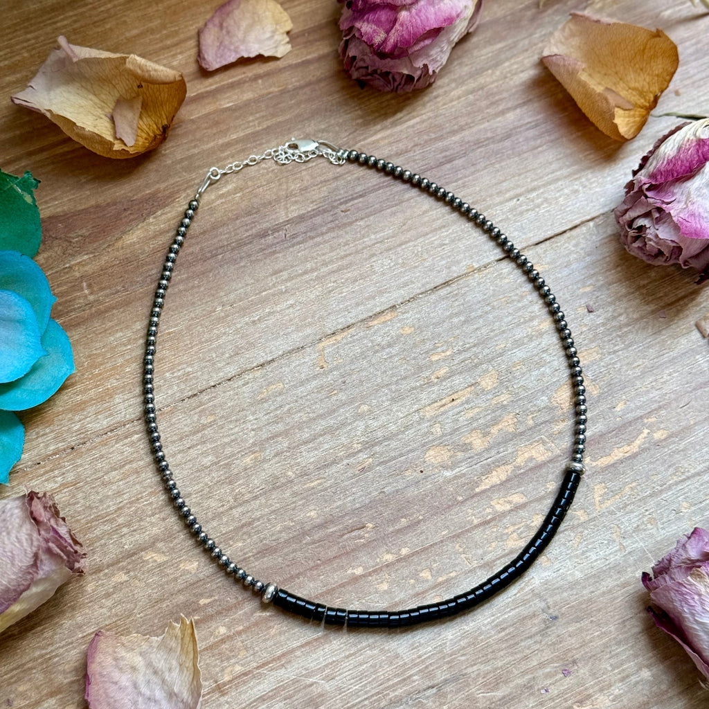 Black Onyx Heishi & Sterling Pearl Choker – 14" | The Bijoux FAB