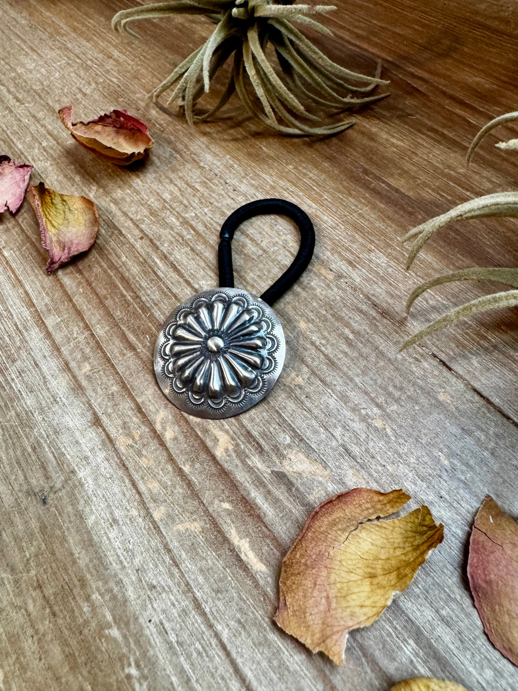 Sterling Silver Concho Hair Tie – Stamped Western Ponytail Holder | USA Made