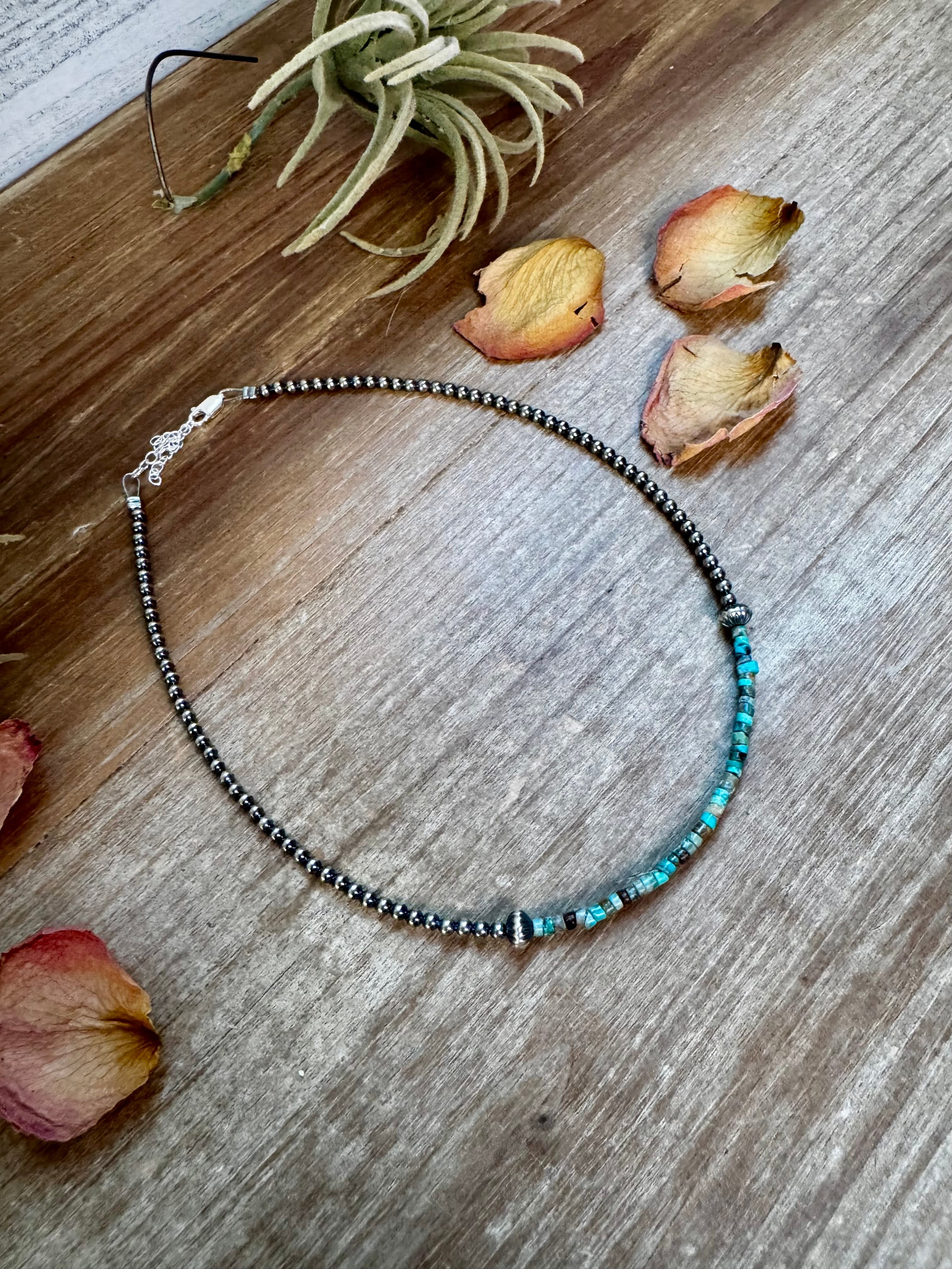 Blue Green Turquoise Heishi Choker – 3mm Turquoise Sterling Silver 14” Necklace | The Bijoux FAB