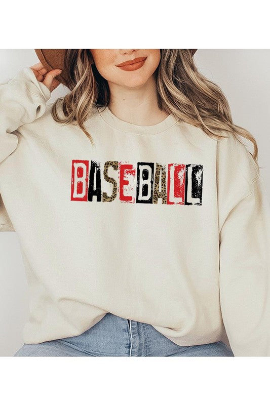 Grunge baseball graphic sweatshirt with spray paint stencil BASEBALL text vintage game day crewneck.