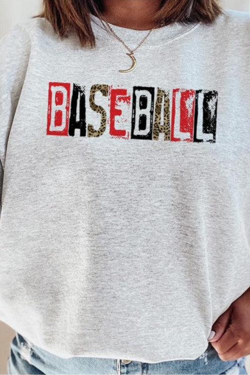 Grunge baseball graphic sweatshirt with spray paint stencil BASEBALL text vintage game day crewneck.