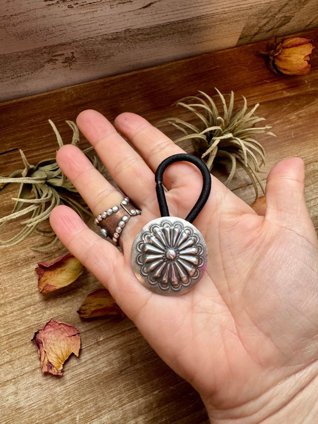 Sterling Silver Concho Hair Tie – Stamped Western Ponytail Holder | USA Made