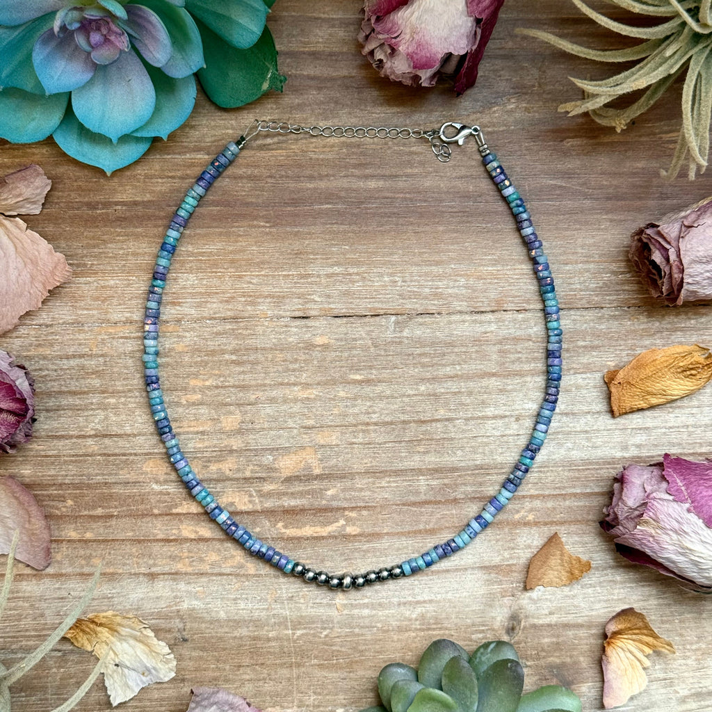 Purple dolomite heishi and sterling silver pearl choker necklace western handmade jewelry by The Bijoux FAB.