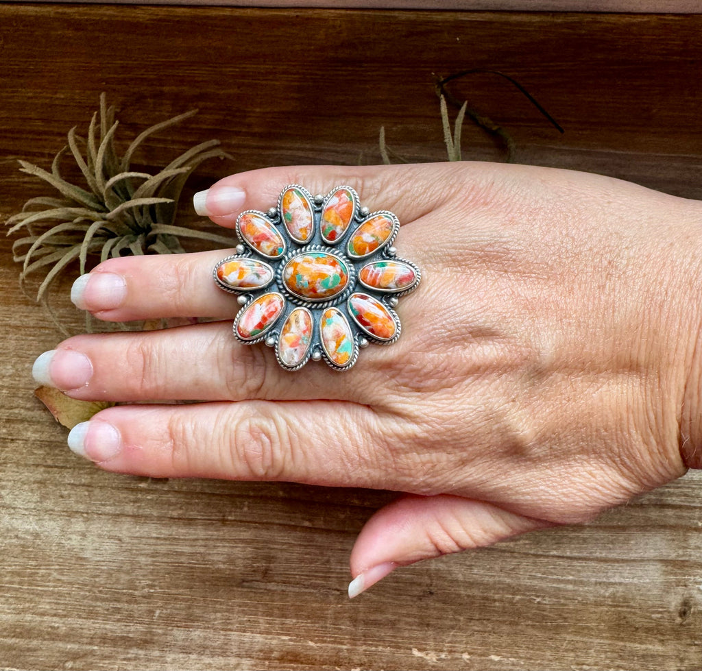 Mojave spiny oyster and turquoise flower statement ring in sterling silver adjustable band, bold colorful western jewelry
