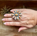 Mojave spiny oyster and turquoise flower statement ring in sterling silver adjustable band, bold colorful western jewelry