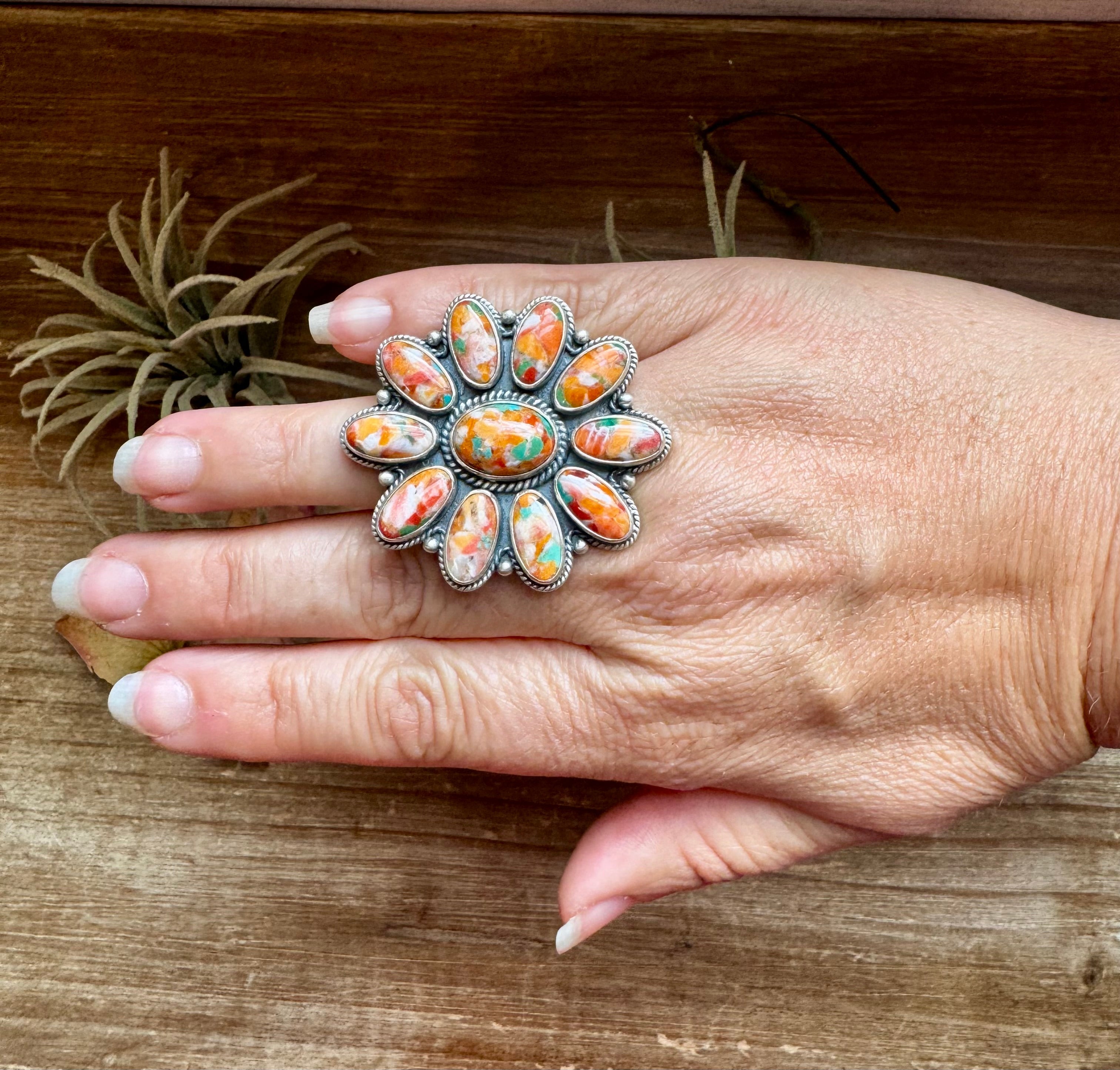 Mojave spiny oyster and turquoise flower statement ring in sterling silver adjustable band, bold colorful western jewelry