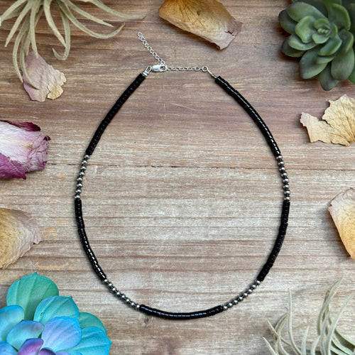 Black onyx bead necklace with sterling silver pearls and heishi beads, 16 inch length with extender, handmade jewelry.