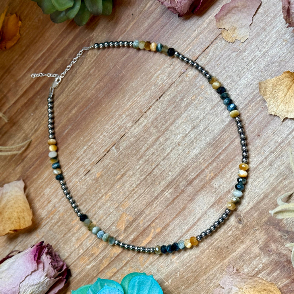 Golden Tiger Eye & Sterling Silver Pearl Necklace – 16" | The Bijoux FAB