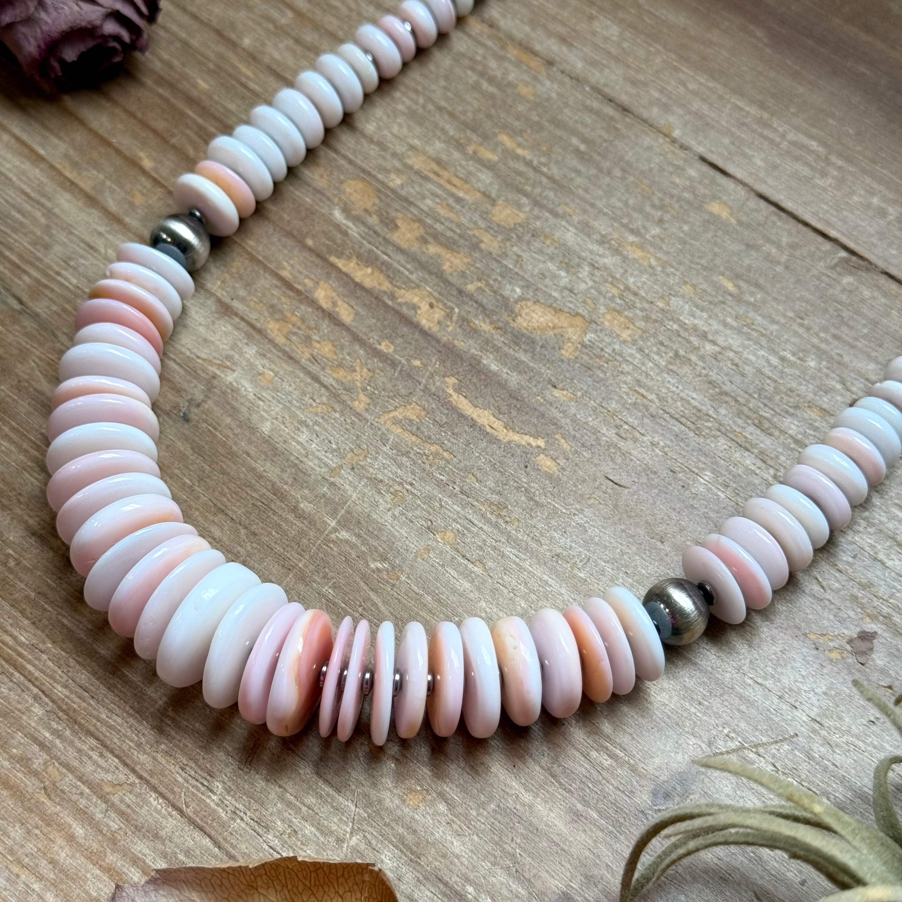 22” Pink Conch Graduated Necklace – Sterling Silver & Hematite