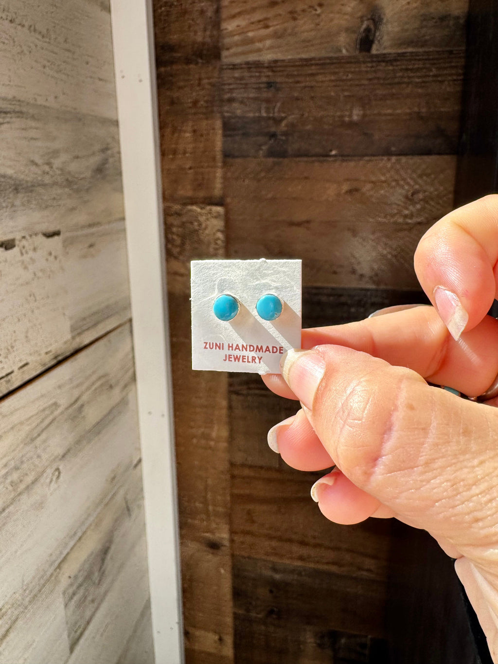 Stud Earrings – Kingman Turquoise – Sterling Silver – Handmade by Mary Ann Neha, Zuni Artist