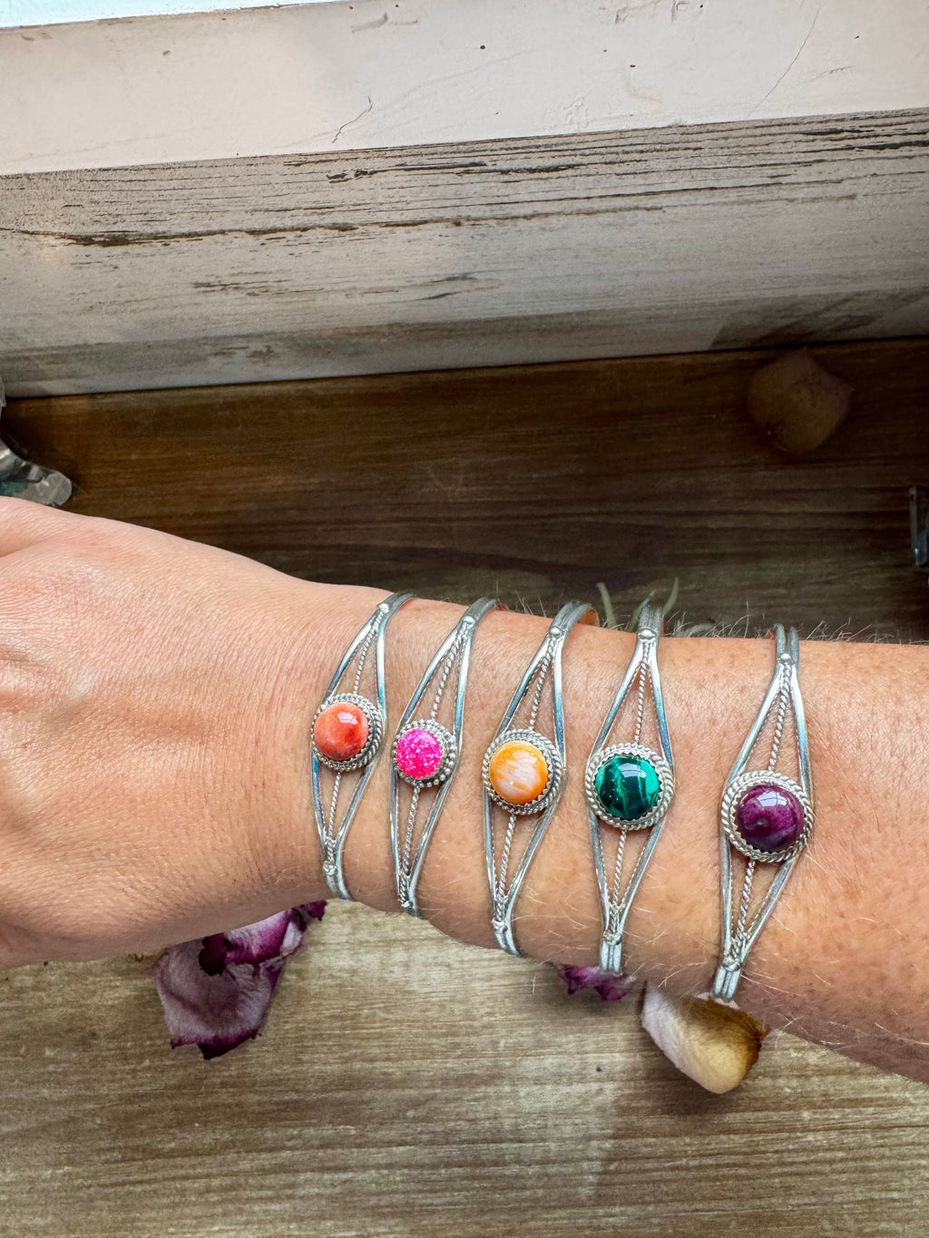 Sterling silver cuff bracelet with malachite, spiny oyster or pink opal gemstone, adjustable handmade Western jewelry piece
