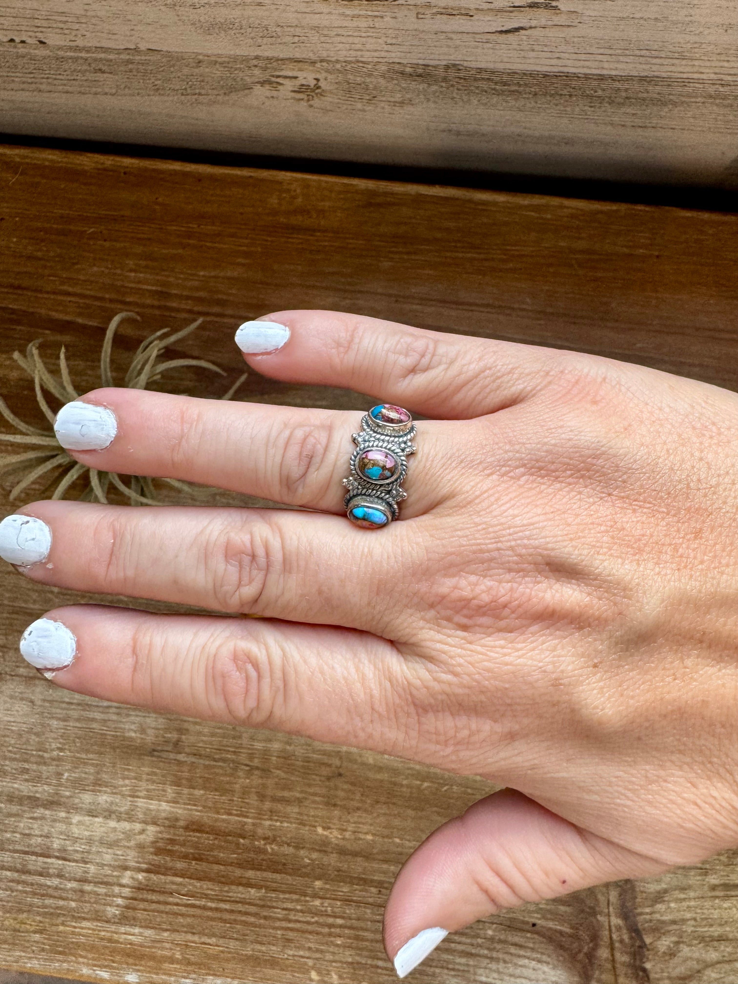 Pink Dahlia three stone ring in sterling silver size 7 band, feminine western stackable jewelry piece