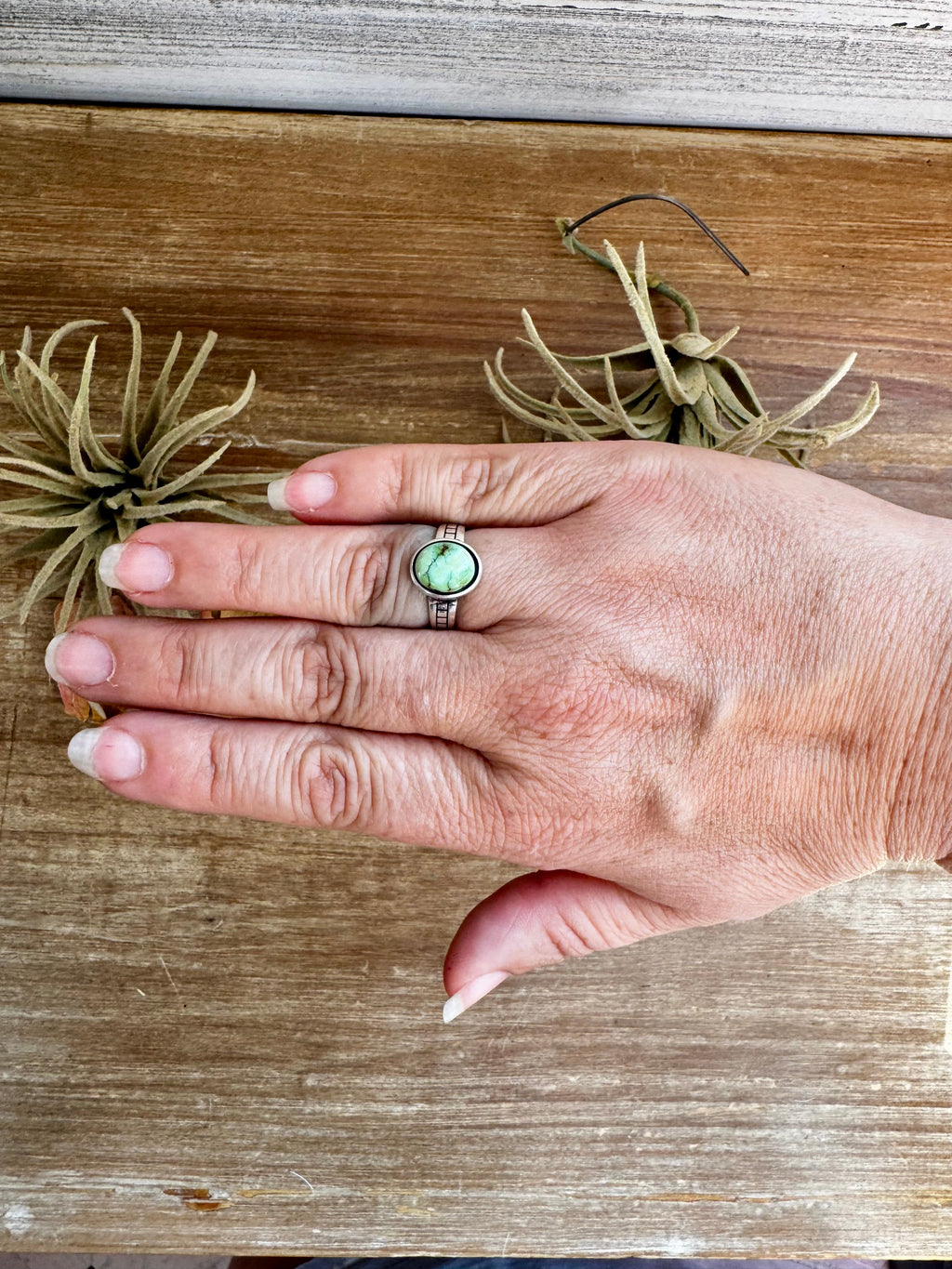 Sonoran Gold turquoise ring in sterling silver size 7 with green tones and natural matrix, western jewelry piece
