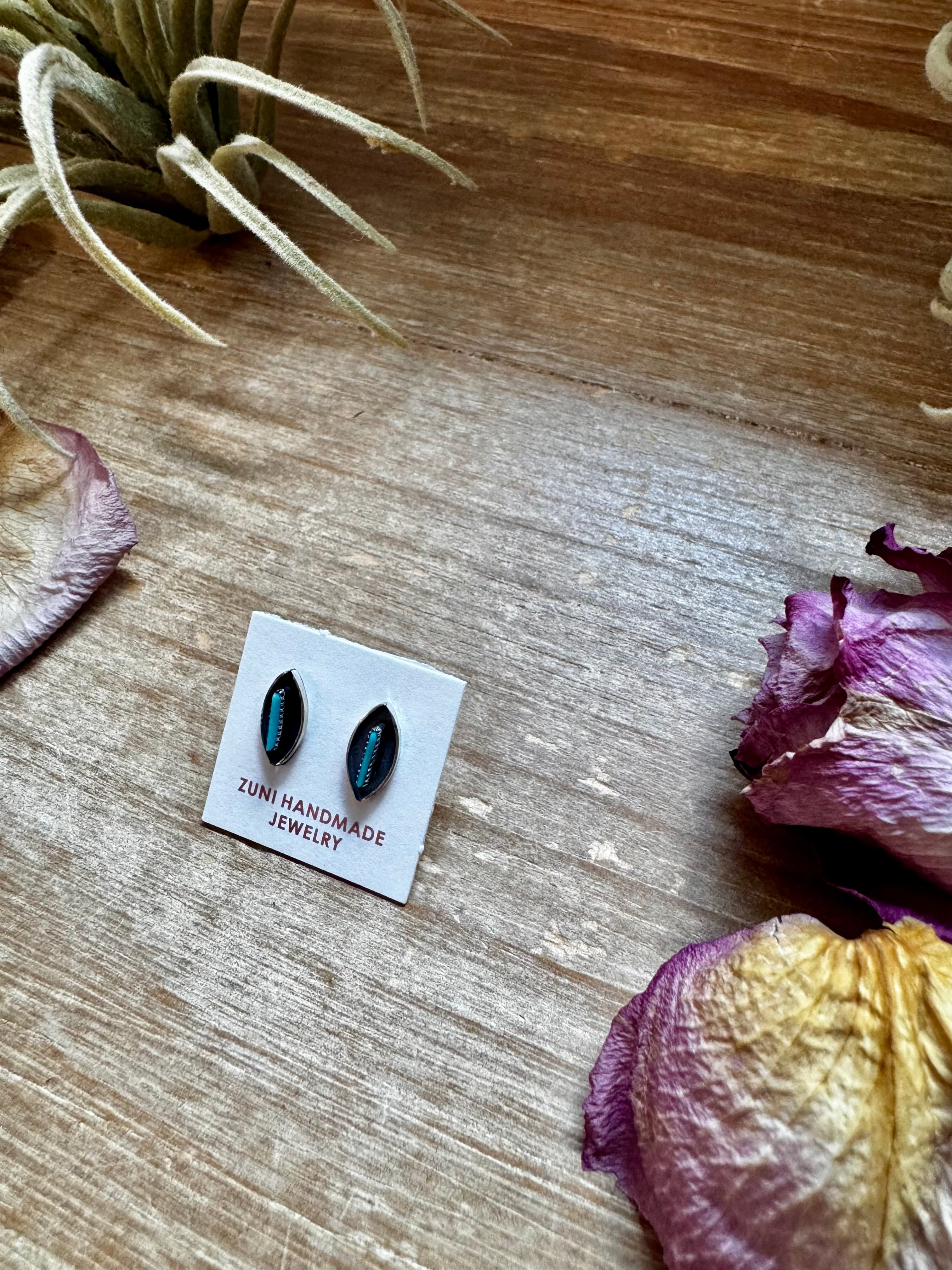 Mini Kingman Turquoise Inlay Earrings – Sterling Silver Zuni Stud Earrings