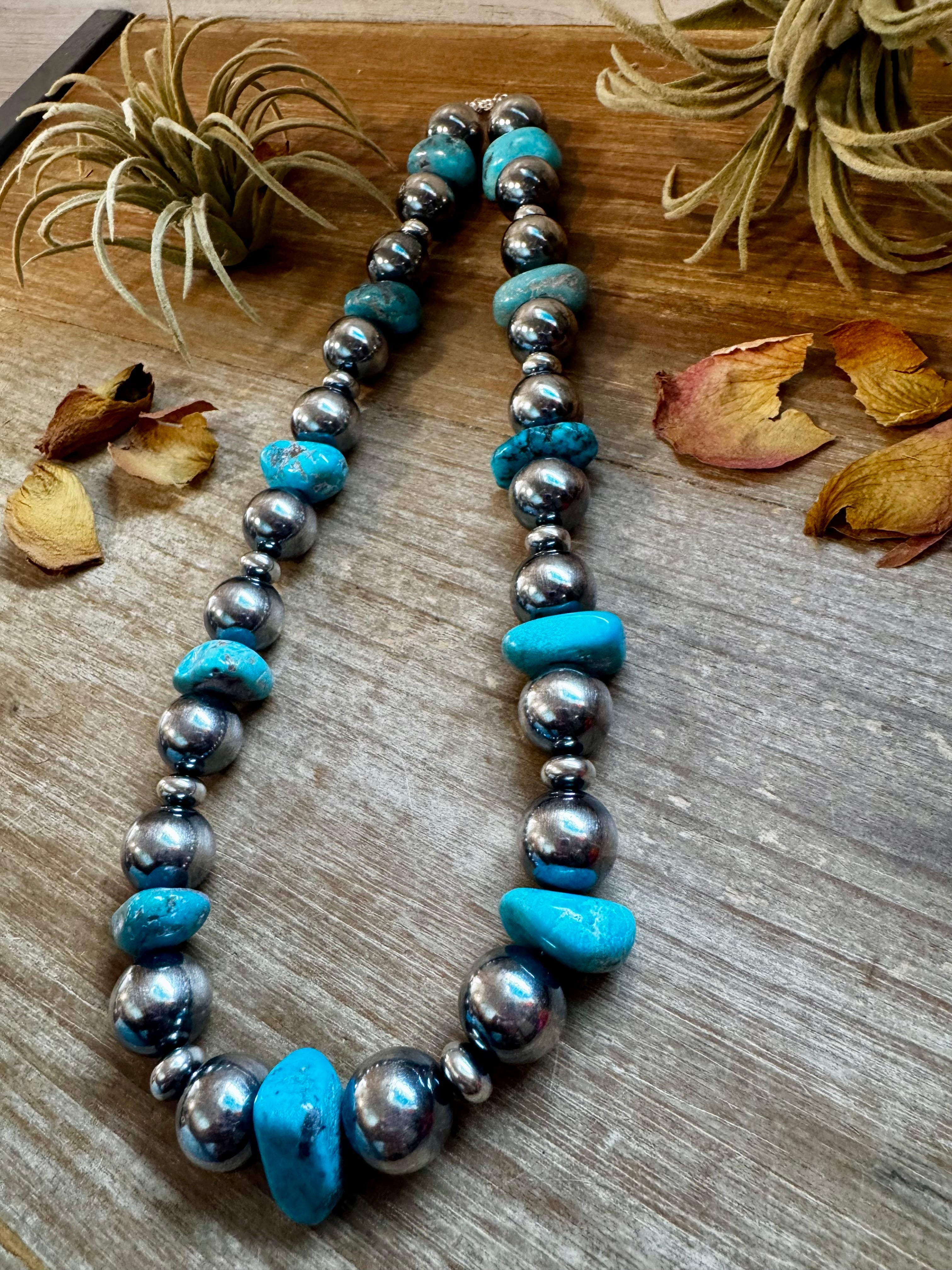 Arizona Gem Show Turquoise Nugget & 925 Silver Pearl Necklace - 21”