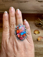 Pink Dahlia Stone Ring – Adjustable Sterling Silver Navajo Handmade | Tia Long