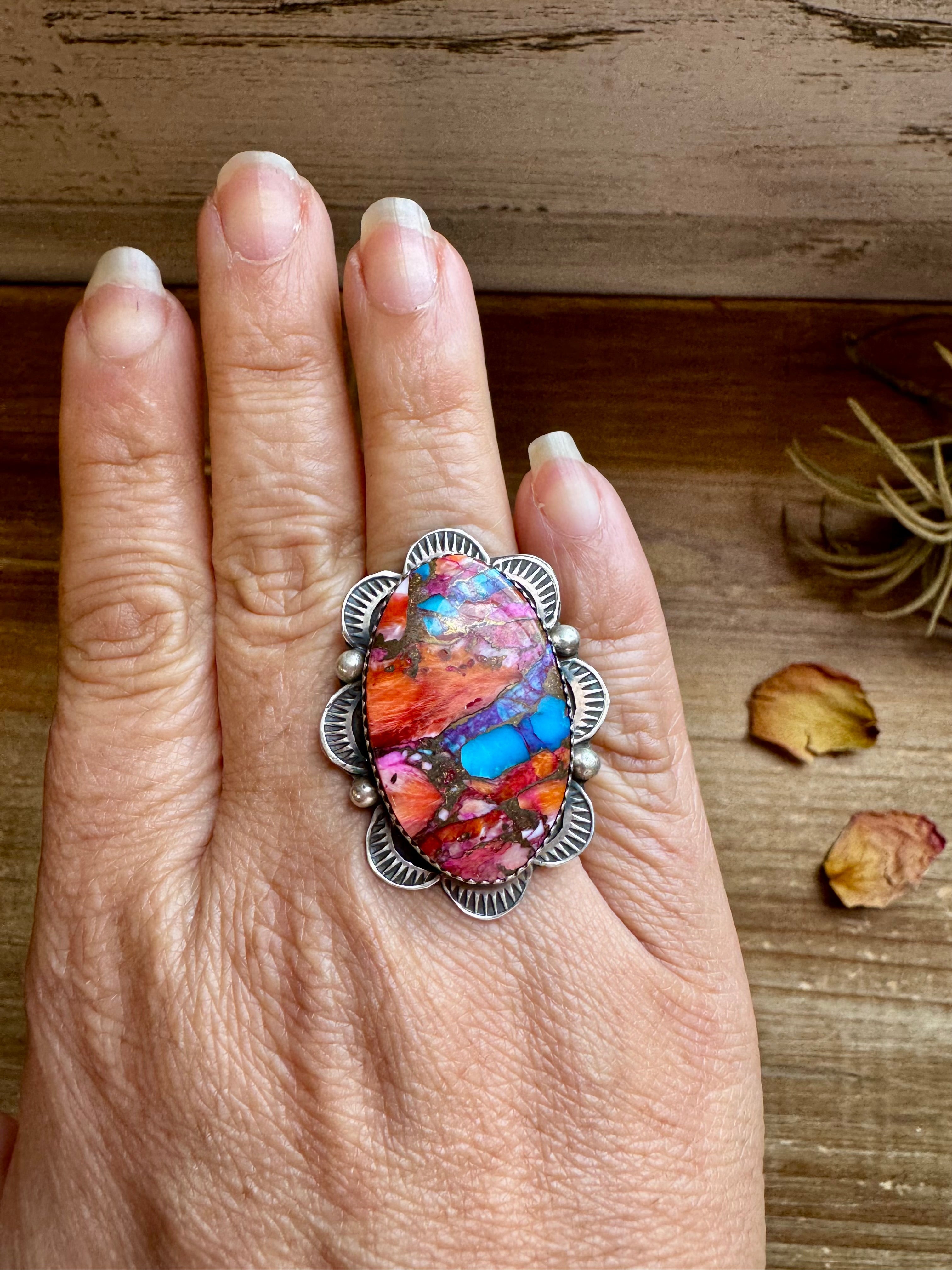 Pink Dahlia Stone Ring – Adjustable Sterling Silver Navajo Handmade | Tia Long