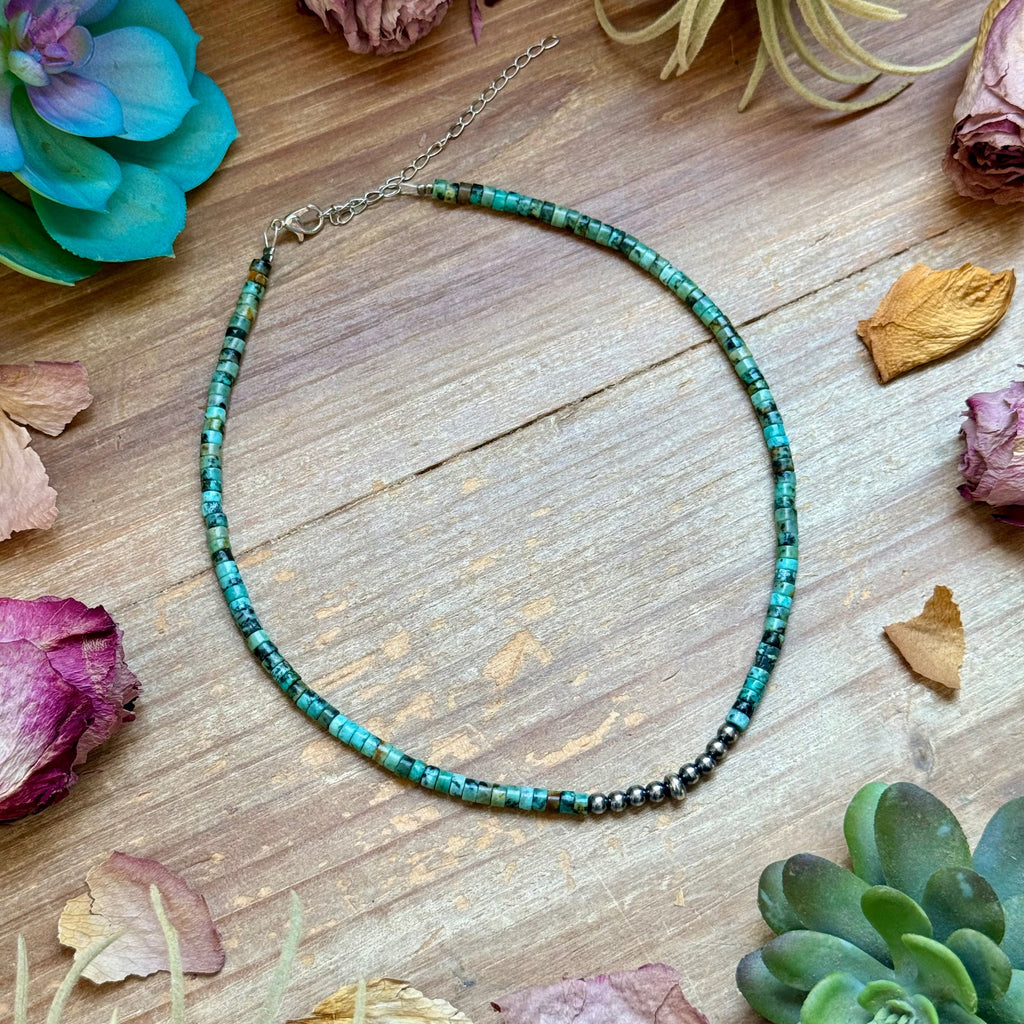 African Turquoise Heishi & Sterling Silver Pearl Choker | The Bijoux FAB