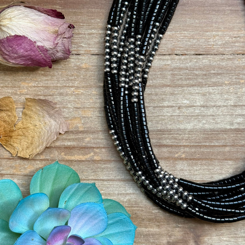 Black Onyx Necklace Sterling Silver Pearls & Heishi Beads - 16" | The Bijoux FAB
