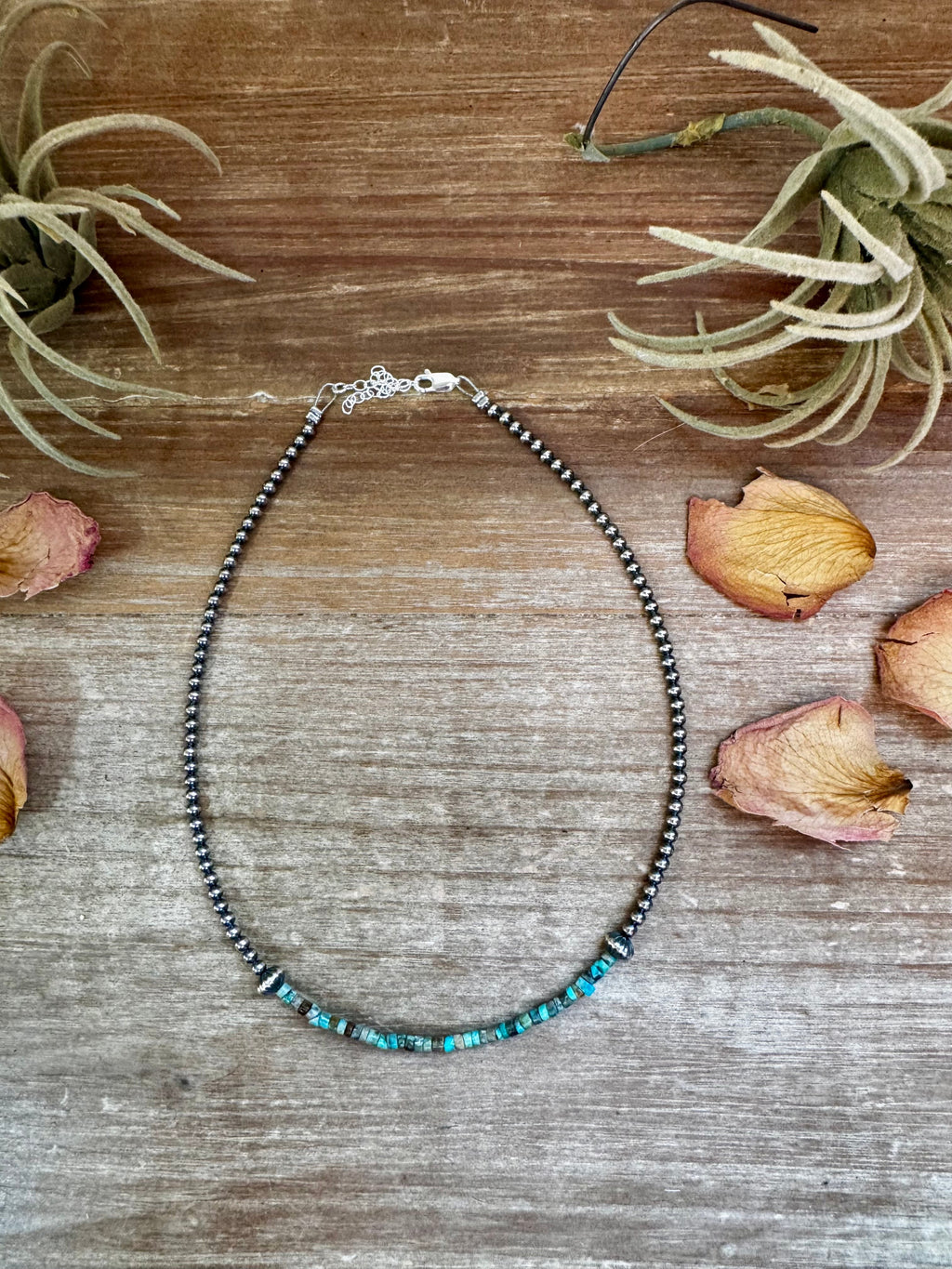 Blue green turquoise heishi choker necklace with 3mm beads and sterling silver accents, 14 inch handmade Western jewelry piece